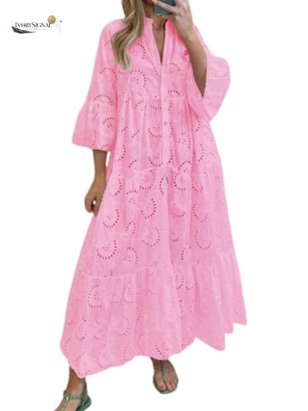 Lace Eyelet Embroidery Maxi Dress V-Neck Trumpet Sleeve Boho Flowy Swing